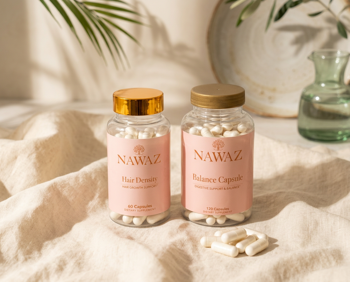 Two NAWAZ supplement bottles on warm linen